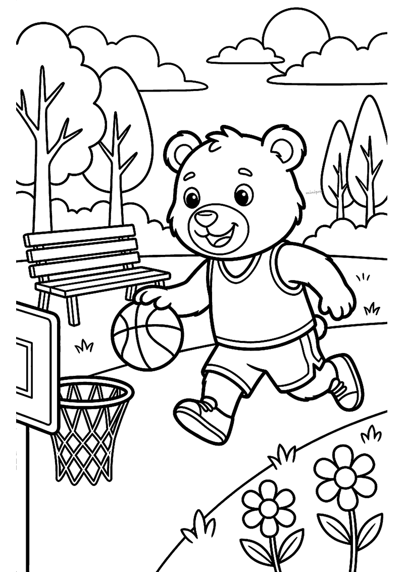 Kleurplaat van een vrolijke beer in sporttenue die met een basketbal naar de basket dribbelt in het park