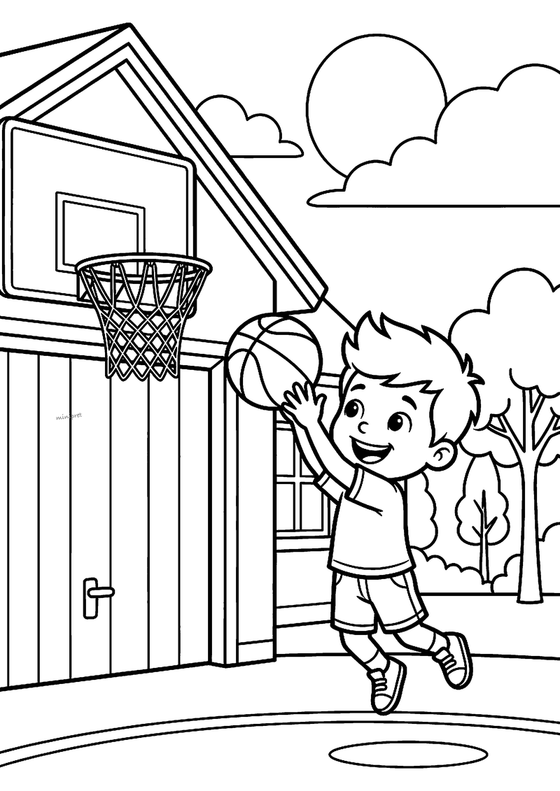 Kleurplaat van een jongen die opspringt om een basketbal in de ring met netje boven de garagedeur te gooien