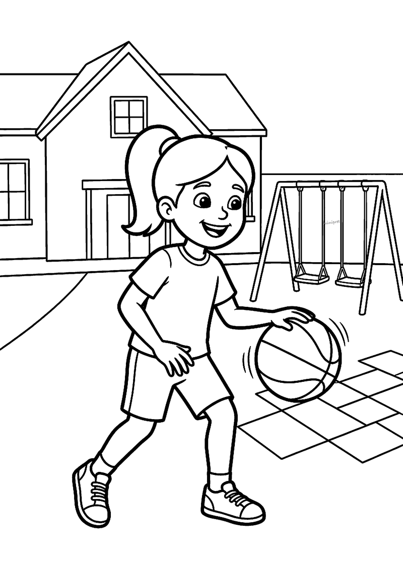 Kleurplaat van een meisje met paardenstaart dat met een basketbal dribbelt op het schoolplein bij de schommels