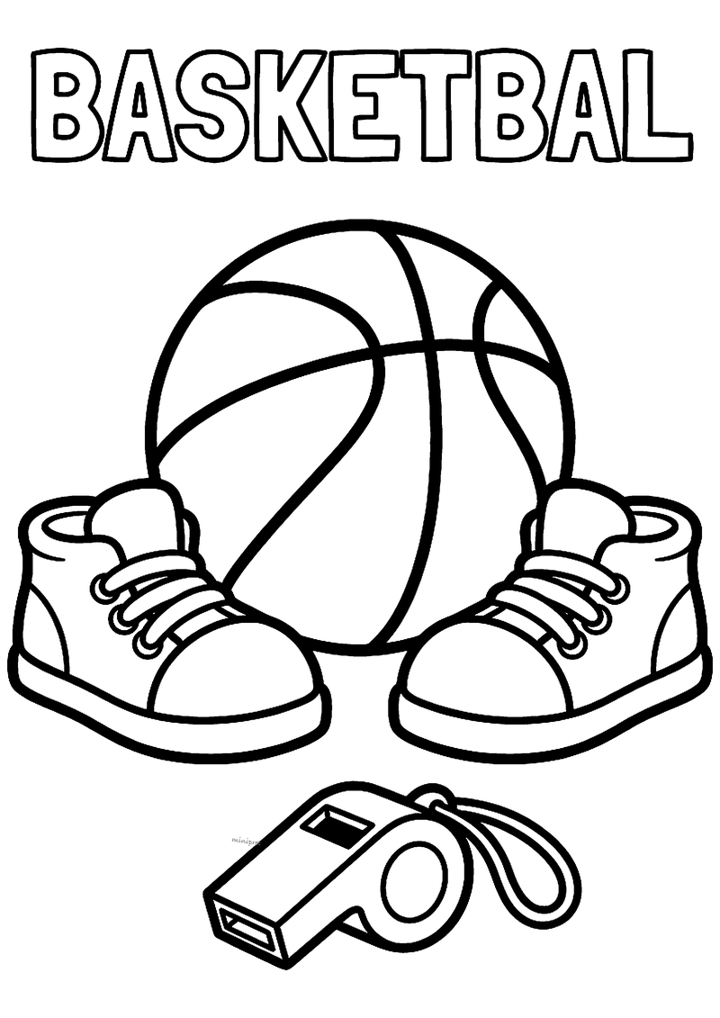 Kleurplaat van een basketbal met twee sneakers en een fluitje aan een koord, met BASKETBAL erboven