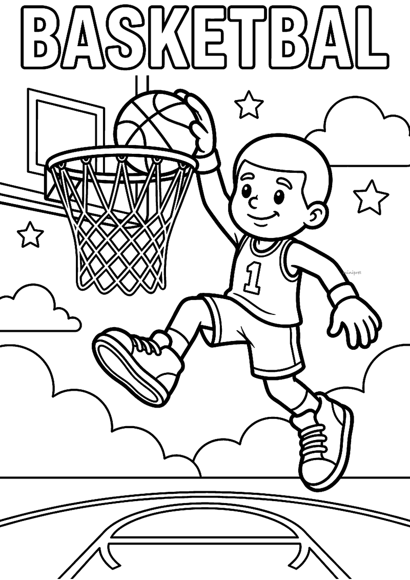 Kleurplaat van een basketballer met nummer 1 die hoog springt en de bal in de basket dunkt, met BASKETBAL erboven