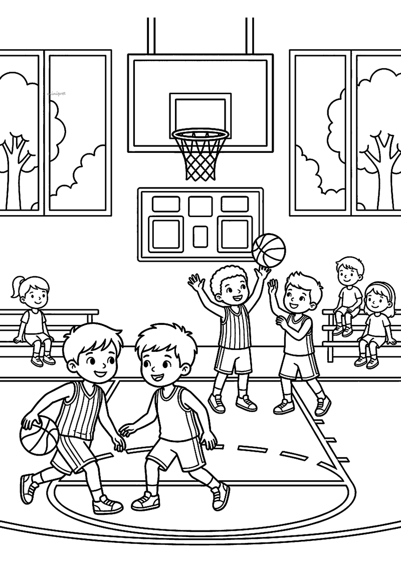Kleurplaat van kinderen die basketbal spelen in een sporthal met een basket, een scorebord en toeschouwers op banken