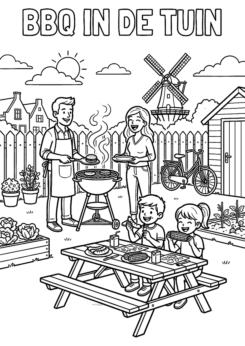 Kleurplaat van een gezin dat barbecuet in de tuin met een picknicktafel, hek, molen en fiets