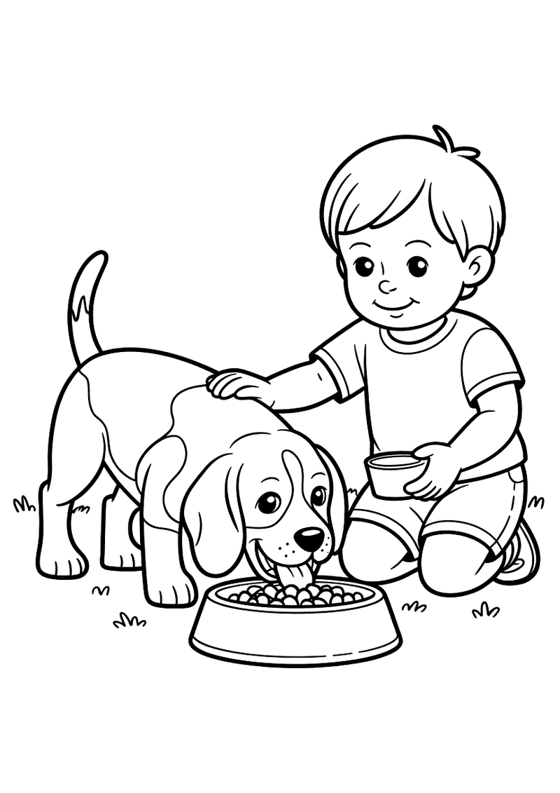 Kleurplaat van een jongetje dat naast een beagle zit die eet uit een voerbak, terwijl de jongen de hond aait en een bakj