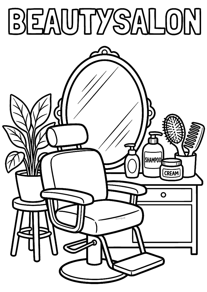Kleurplaat van een beautysalon met kappersstoel, ovale spiegel, plant, borstel, kam en flesjes