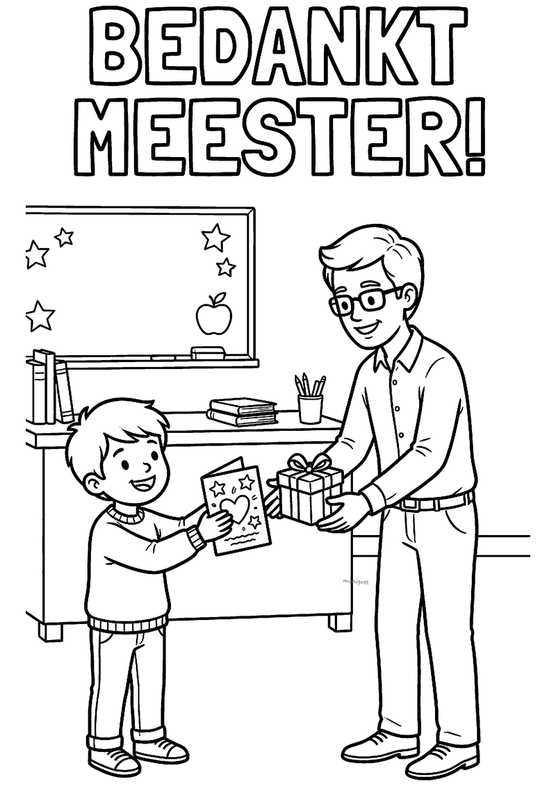 Kleurplaat van een jongen die zijn meester een kaart en een cadeau geeft, met de tekst Bedankt meester