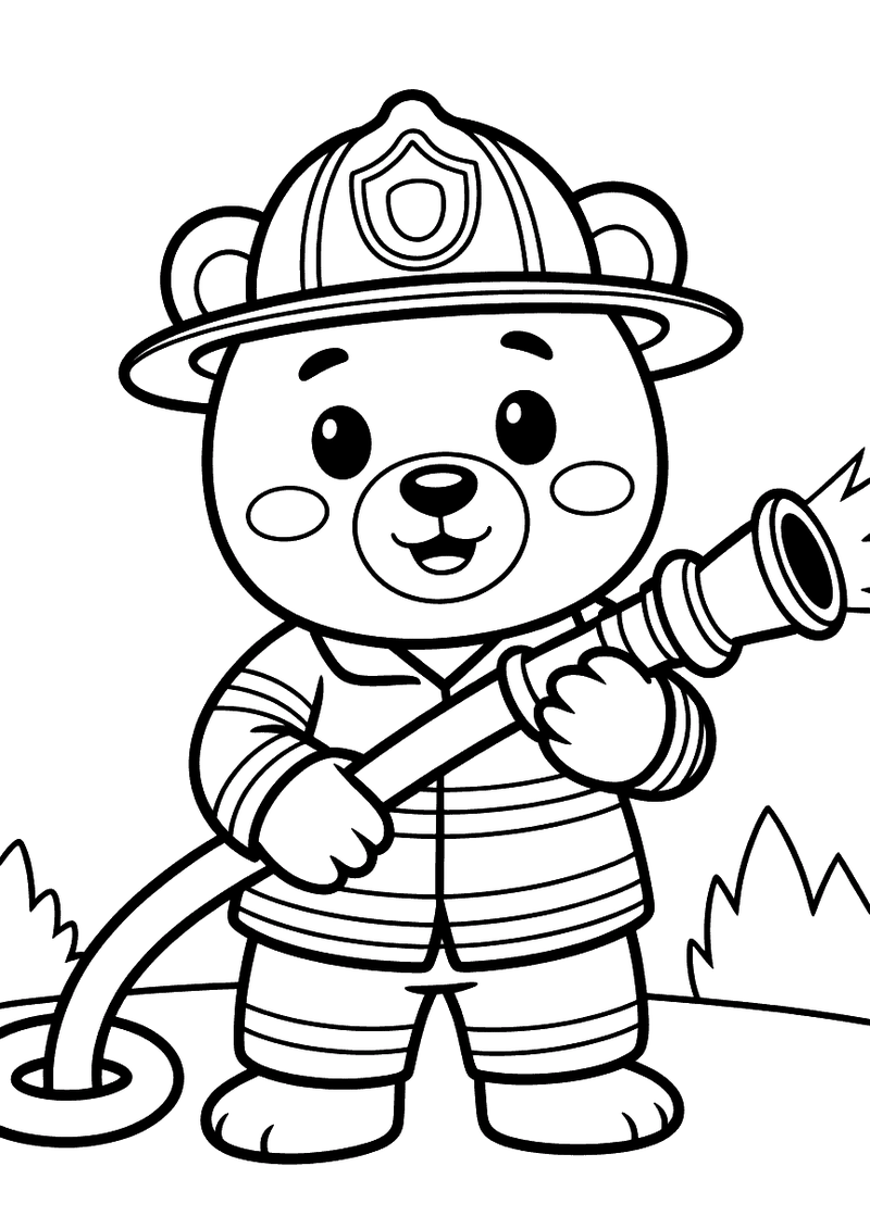 Kleurplaat van een schattige beer als brandweerman in uniform met helm die een waterslang vasthoudt