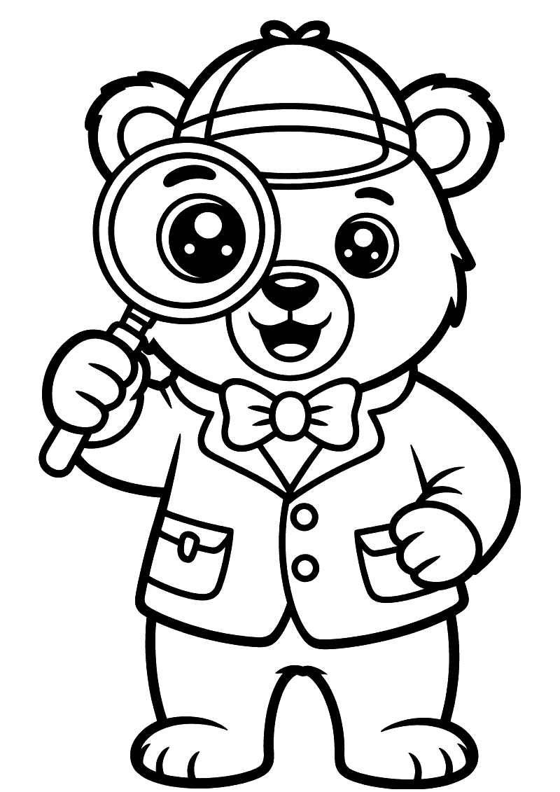 Kleurplaat van een schattige beer als detective in jasje met strik en deerstalker hoed die een groot vergrootglas vastho