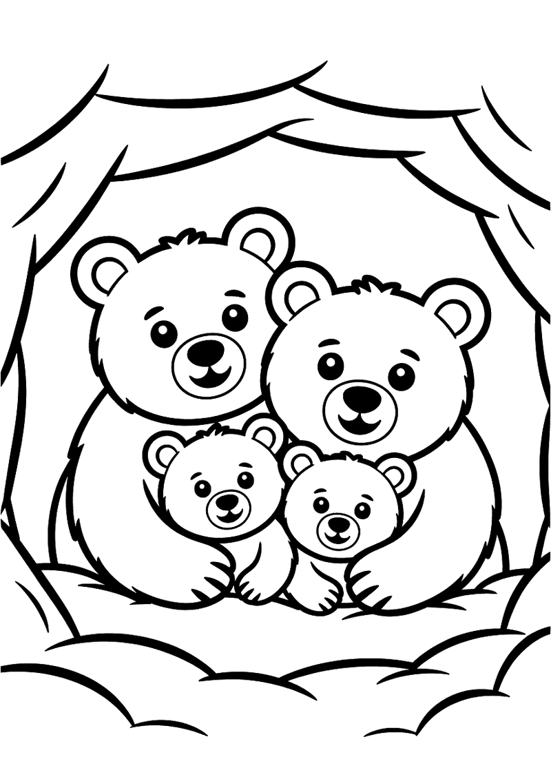 Kleurplaat van een berenfamilie met twee grote beren en twee kleine beren die samen knus in een hol zitten