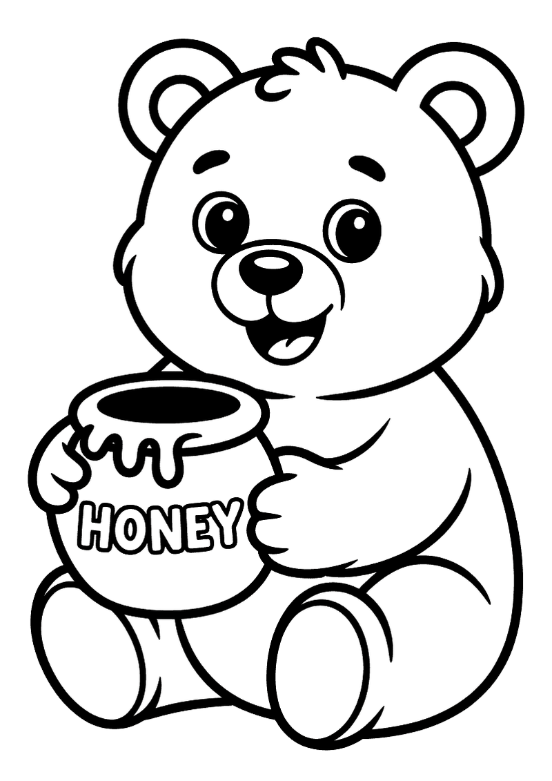 Kleurplaat van een zittende beer die een grote honingpot met het opschrift HONEY vasthoudt en er vrolijk naar kijkt