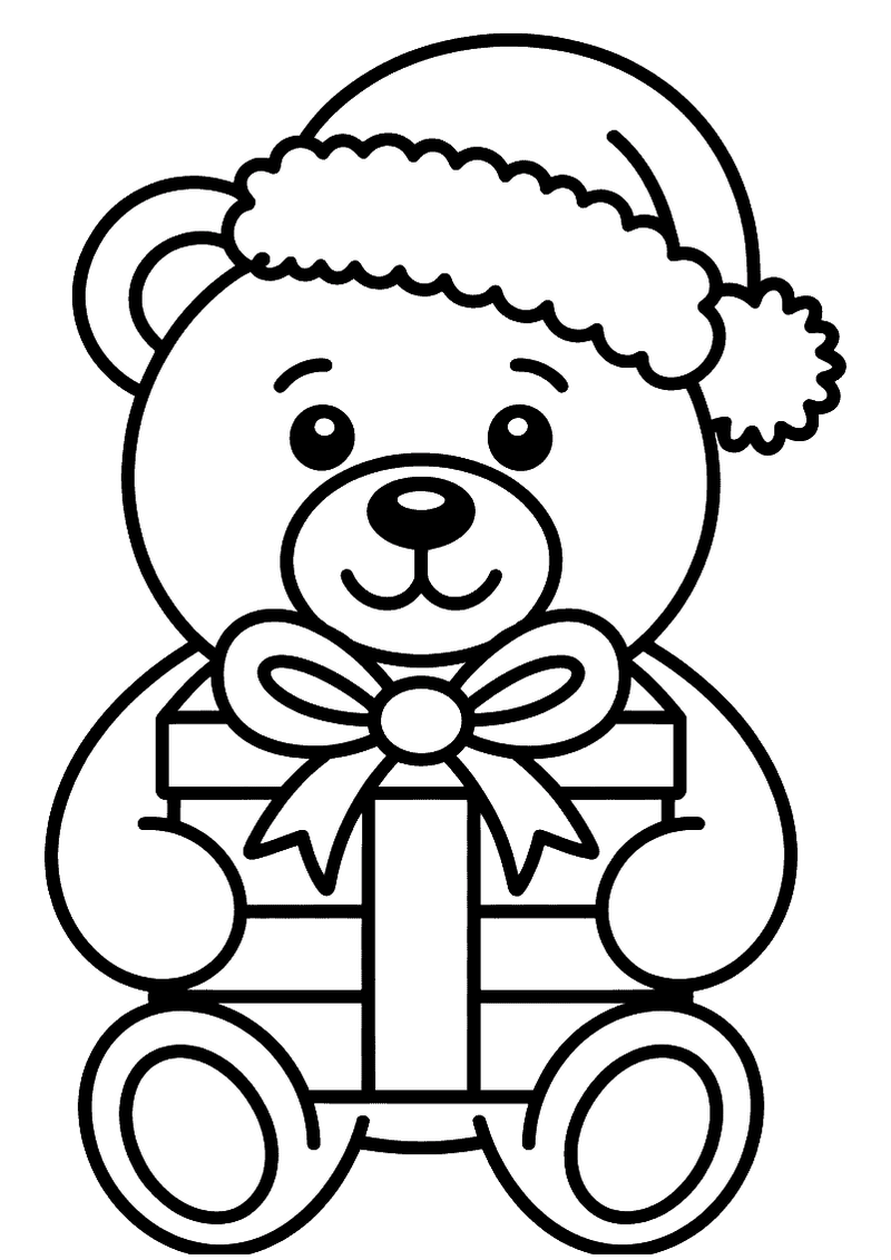 Kleurplaat van een teddybeer met een rode kerstmuts die een groot ingepakt cadeau met strik vasthoudt