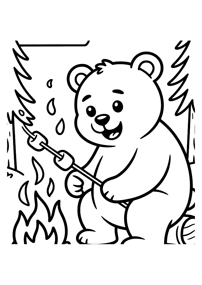Kleurplaat van een beer die een stokje met marshmallow boven een vlammend kampvuur houdt, omgeven door dennenbomen