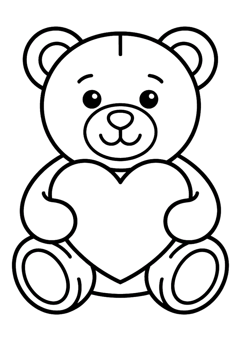 Kleurplaat van een teddybeer die een groot hart vasthoudt en er verliefd bij kijkt