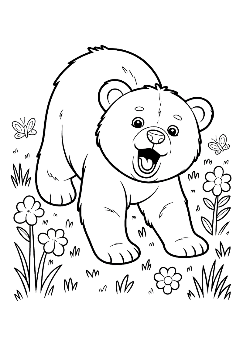 Kleurplaat van een lachend berenwelp dat op vier poten in het gras staat tussen lentebloemen, vlinders fladderen eromhee