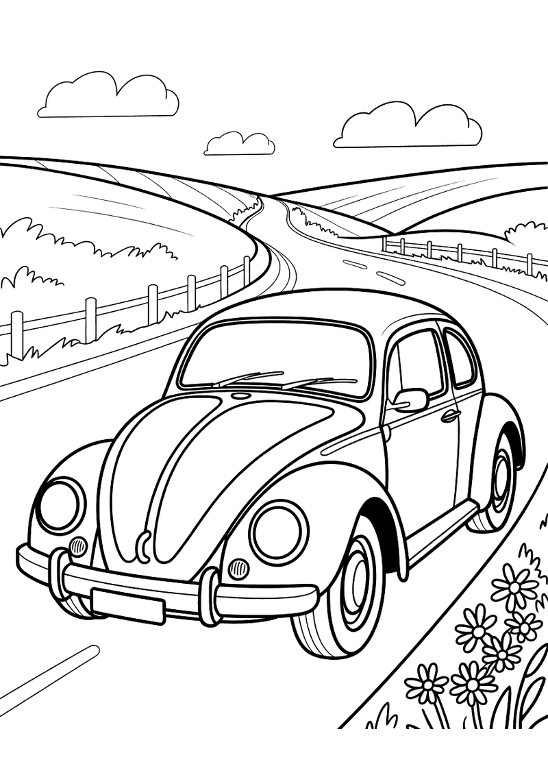 Kleurplaat van een klassieke Volkswagen Kever die over een schilderachtige landweg rijdt met bloemen langs de kant, een