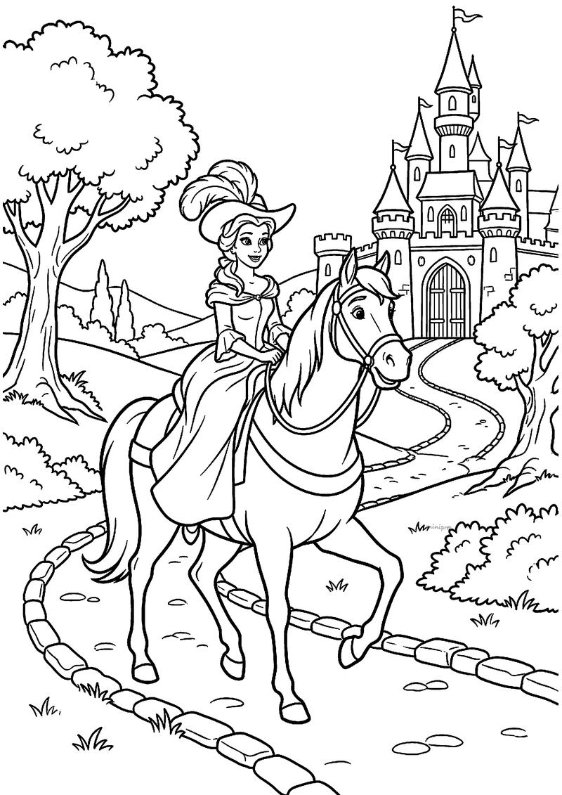 Kleurplaat van Belle met een verenhoed die op een paard over een kronkelpad naar een kasteel met torens rijdt
