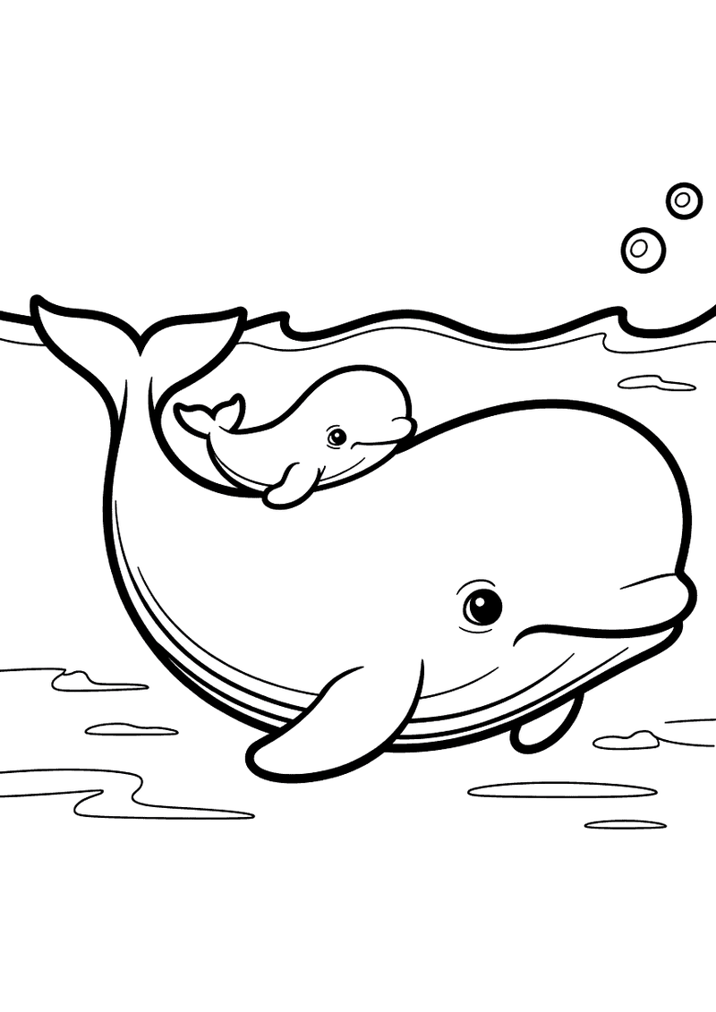 Kleurplaat van een grote beloega walvis met een kleine baby beloega op zijn rug, beide zwemmend met bellen om hen heen