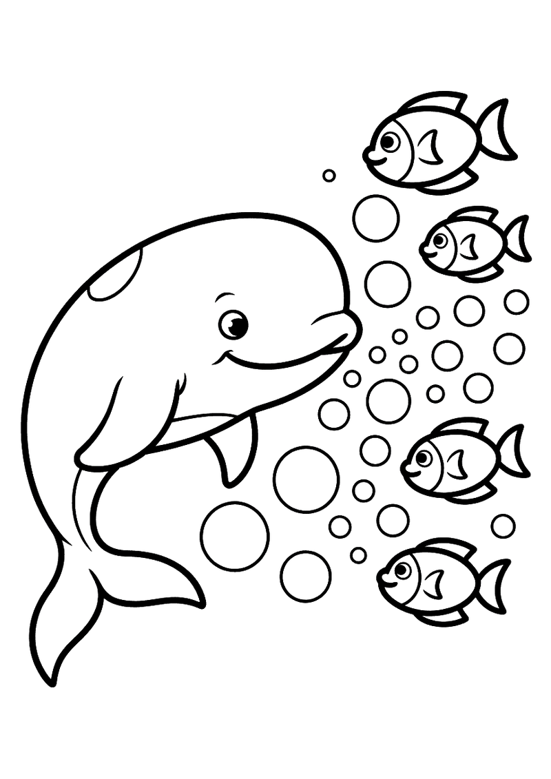 Kleurplaat van een lachende beloega walvis die luchtbellen blaast terwijl vier kleine vissen om hem heen zwemmen