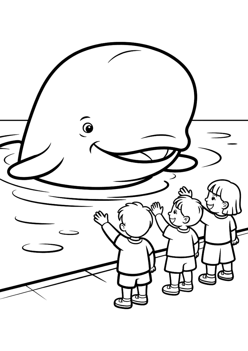 Kleurplaat van een grote glimlachende beloega walvis in het water die drie zwaaiende kinderen aan de waterkant begroet