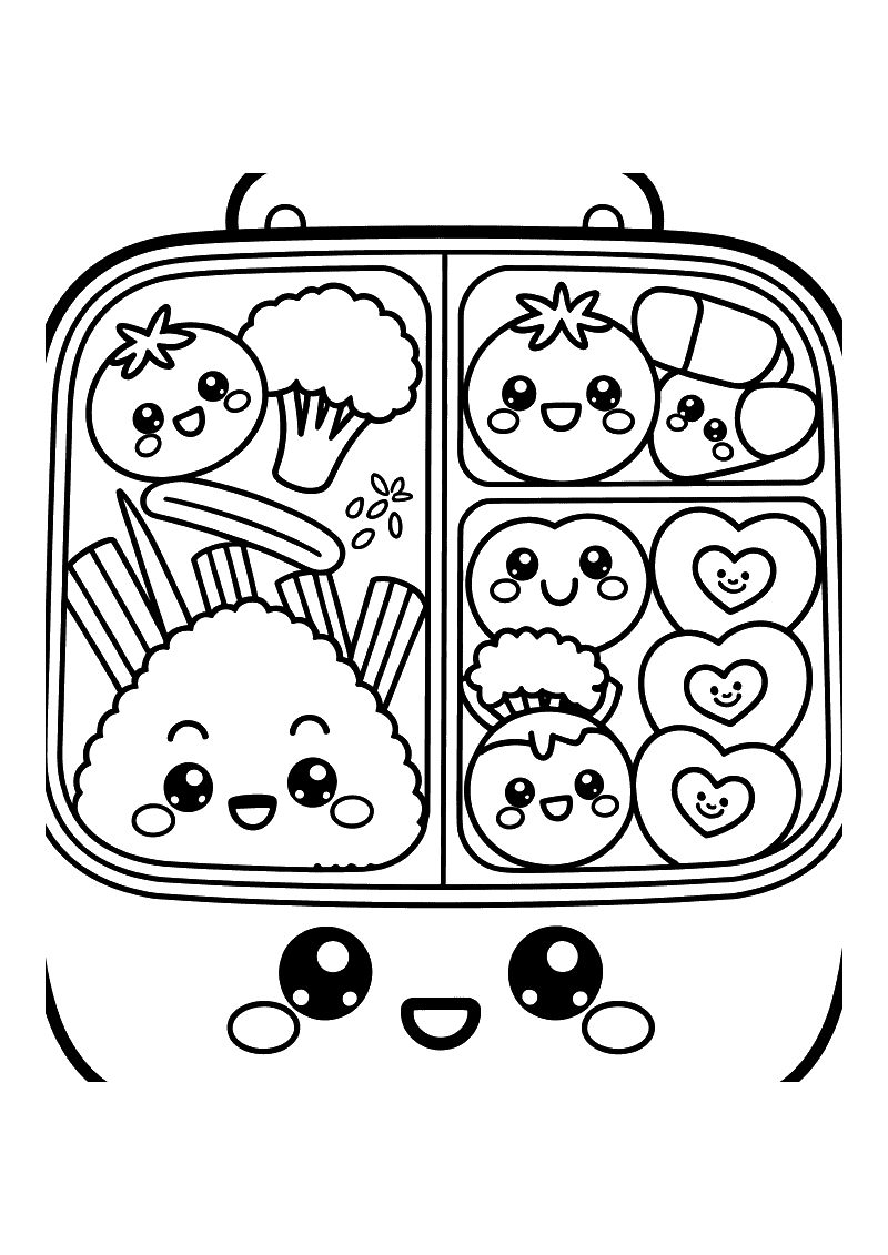 Kawaii kleurplaat van een lachende bento lunchdoos gevuld met rijstballetjes, groenten, tomaten en hartjesvormige hapjes