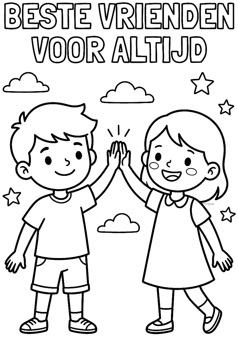 Kleurplaat van een jongen en een meisje die elkaar een high five geven, met de tekst Beste vrienden voor altijd