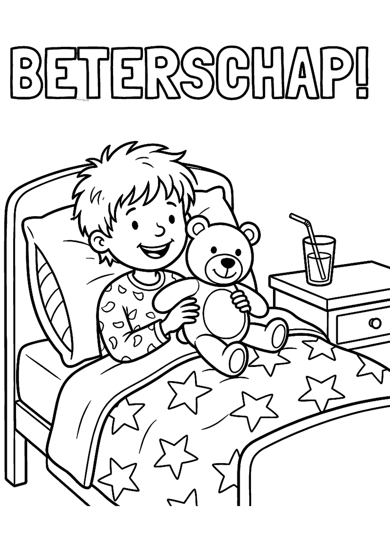 Kleurplaat van een jongen in bed met een teddybeer, sterrendeken en de tekst Beterschap