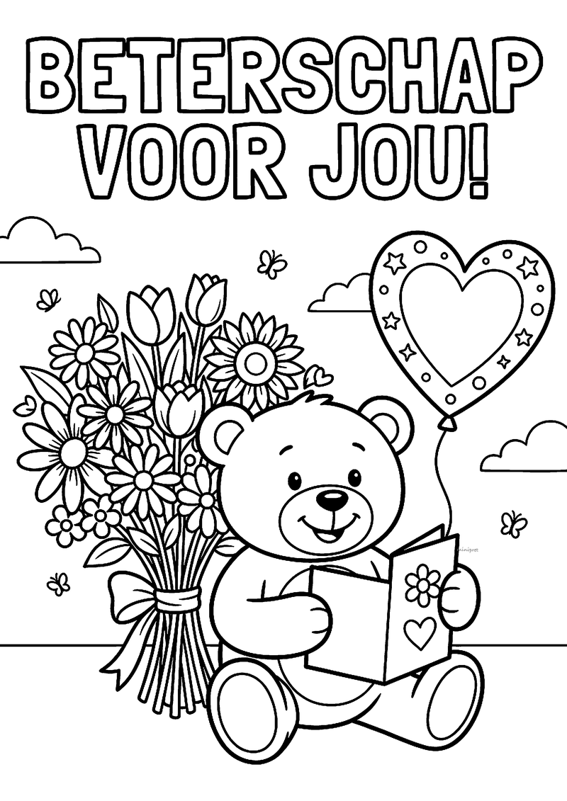 Kleurplaat van een teddybeer met een kaart, een bos bloemen en een hartvormige ballon