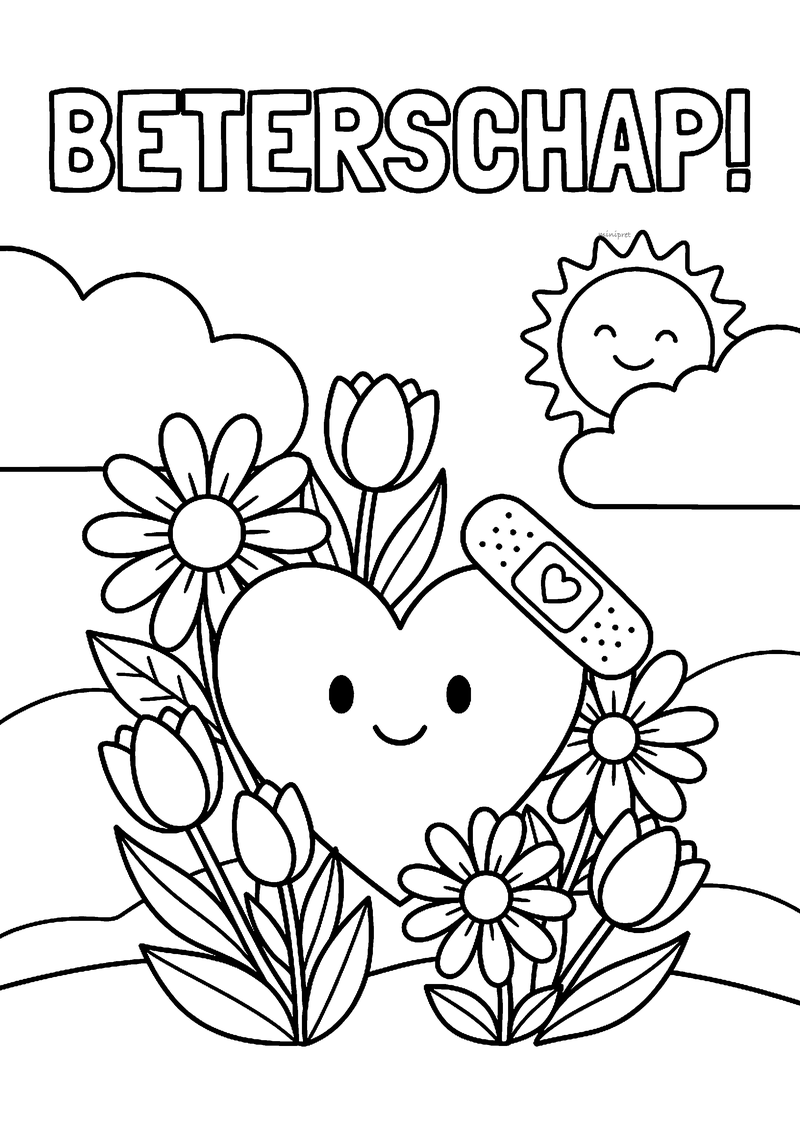 Kleurplaat van een lachend hart met pleister tussen bloemen, met een zonnetje en de tekst Beterschap