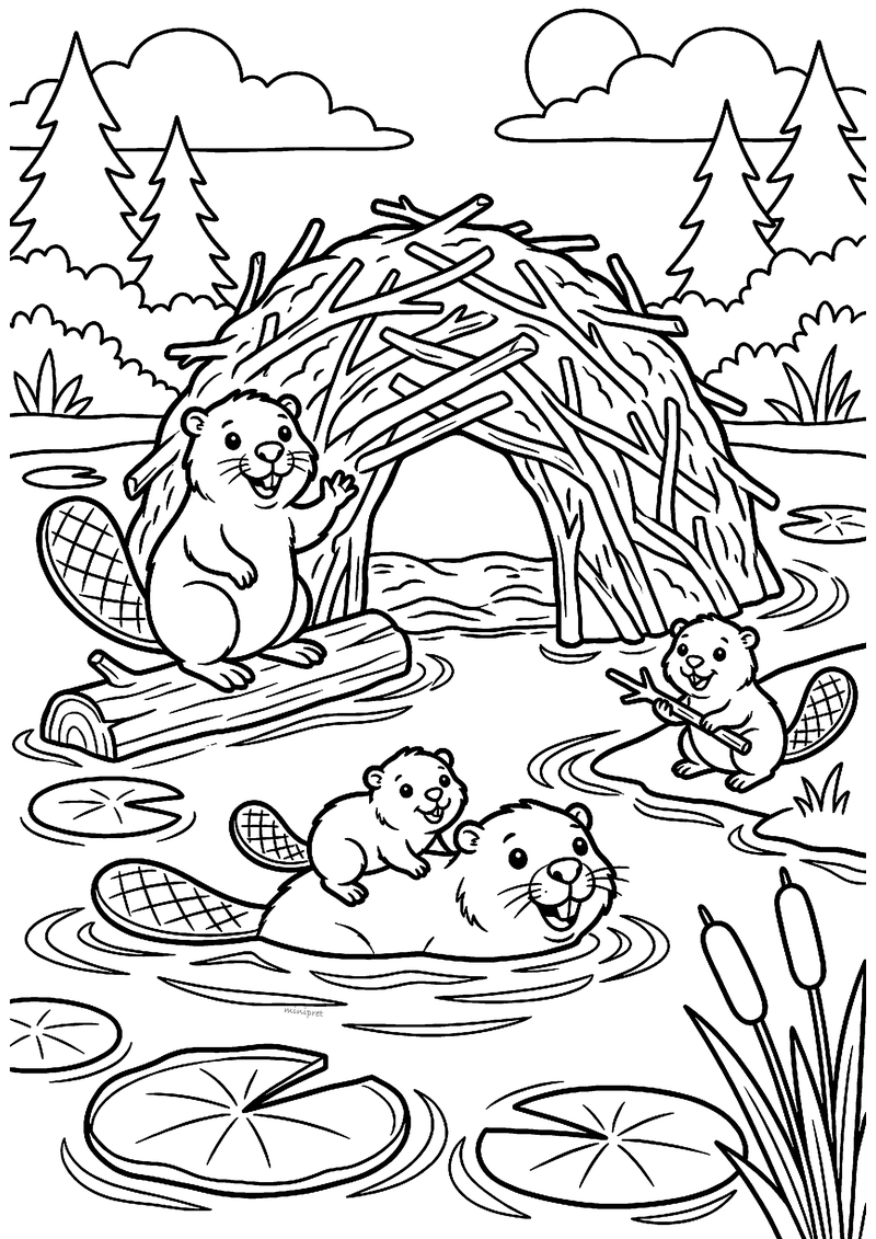 Kleurplaat van een beverfamilie bij hun burcht van takken in de rivier, met een bever op een stam en een jong op de rug