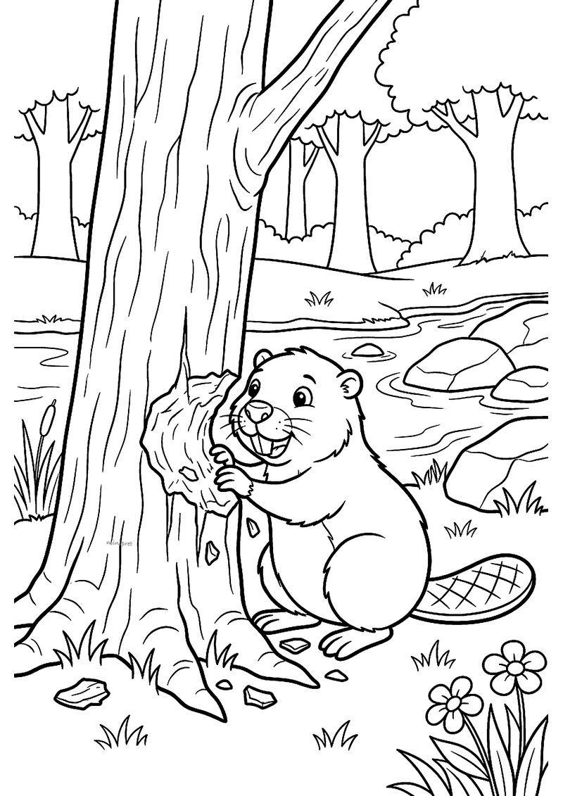 Kleurplaat van een bever die aan een boomstam knaagt bij een beek in het bos, met houtsplinters op de grond
