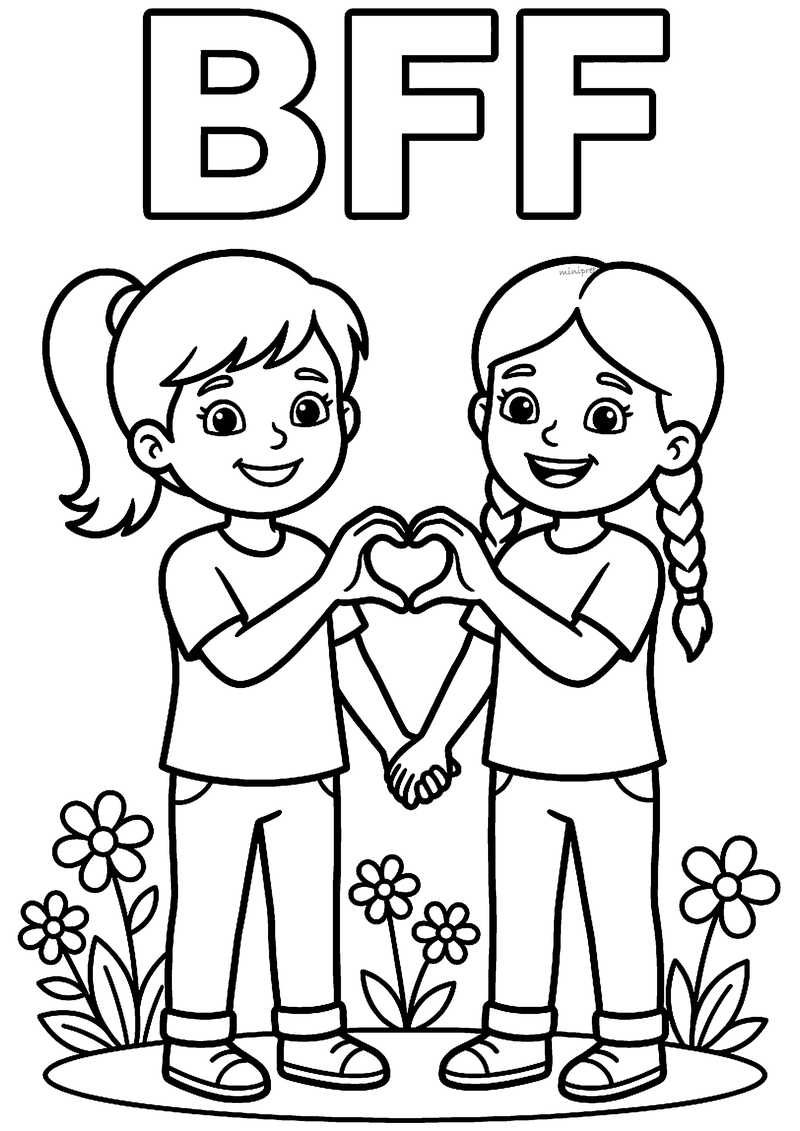 Kleurplaat van twee meisjes die samen een hartje vormen met hun handen, met de tekst BFF