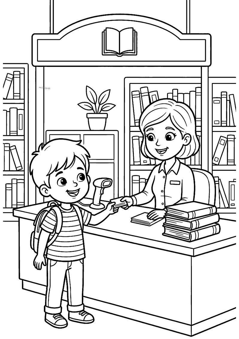 Kleurplaat van een jongen met rugzak die zijn pasje aan de bibliothecaresse geeft bij de balie met boeken