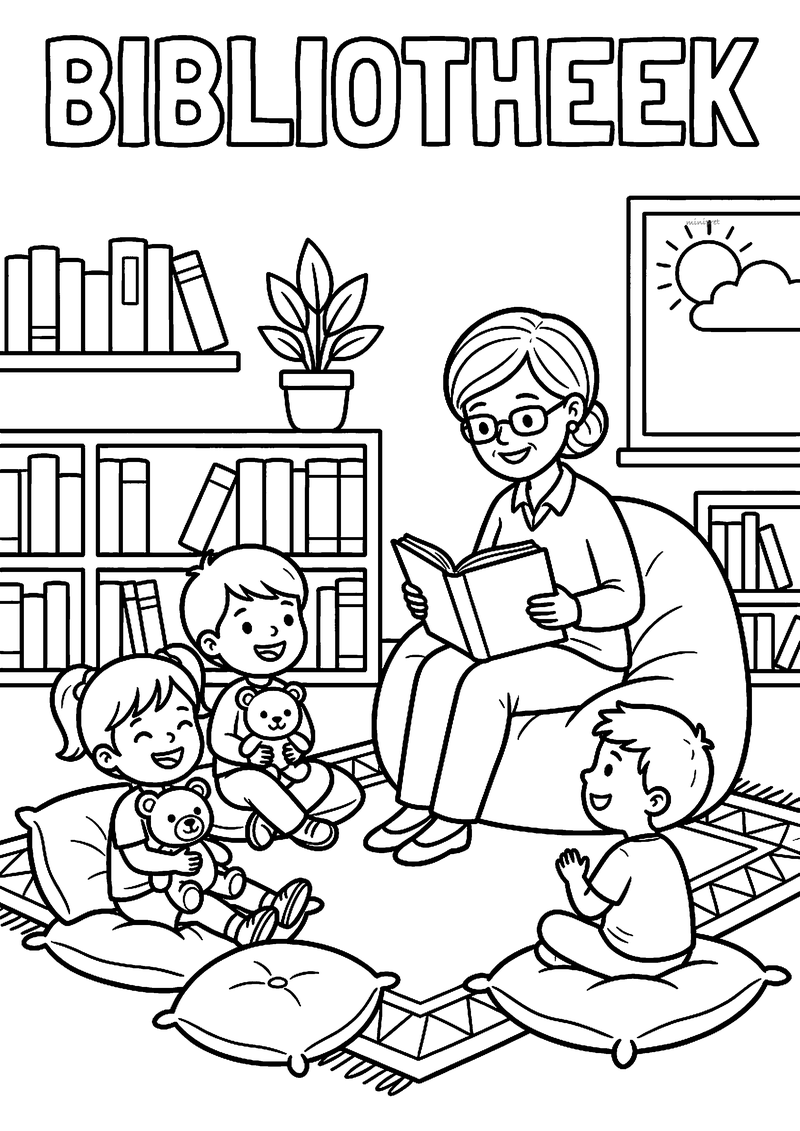 Kleurplaat van een juf met bril die op een zitzak voorleest aan drie kinderen op kussens tussen de boekenkasten
