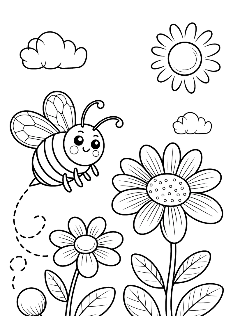 Kawaii kleurplaat van een lachende bij die langs grote zonnebloemen vliegt met een stralende zon en wolken op de achterg
