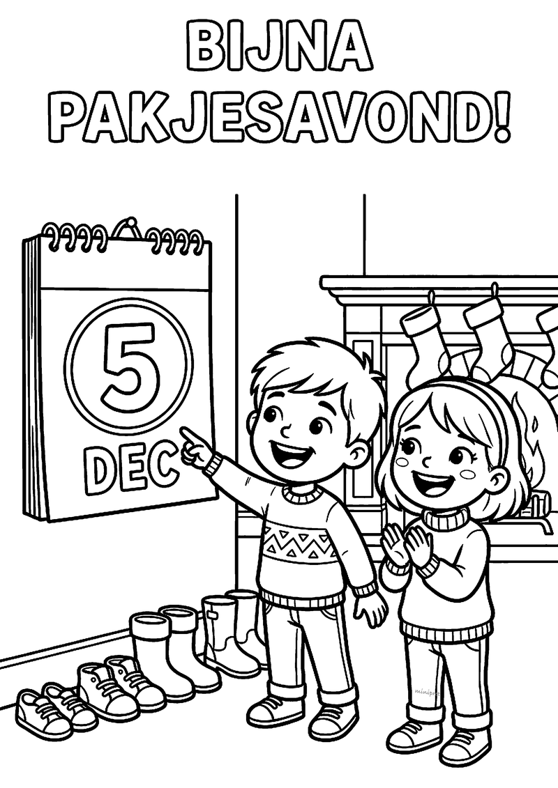 Kleurplaat van twee kinderen bij een kalender met 5 DEC en een rij schoenen, met de tekst BIJNA PAKJESAVOND!