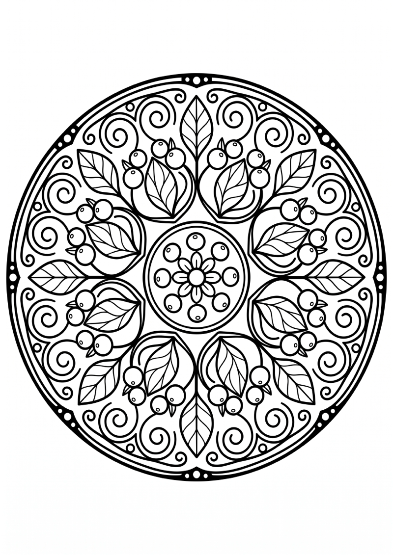 Bladeren en Bessen Mandala Kleurplaat
