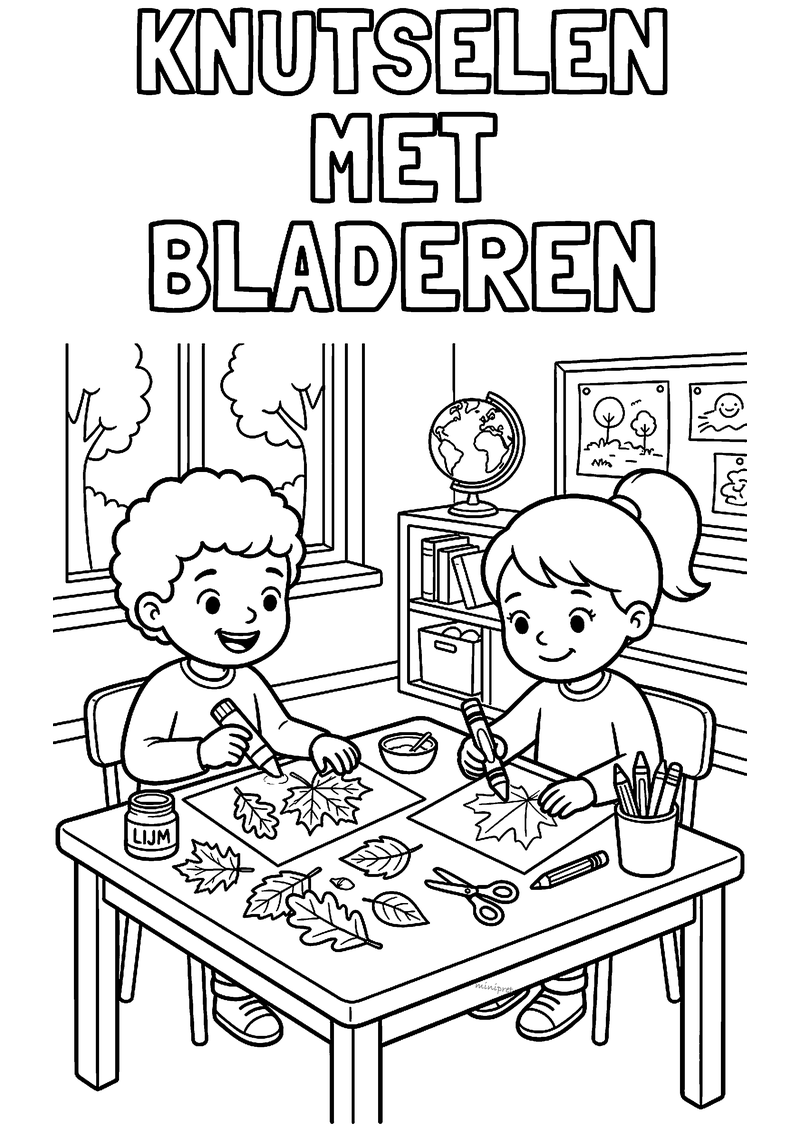 Kleurplaat van twee kinderen die in de klas herfstbladeren op papier plakken met lijm en schaar