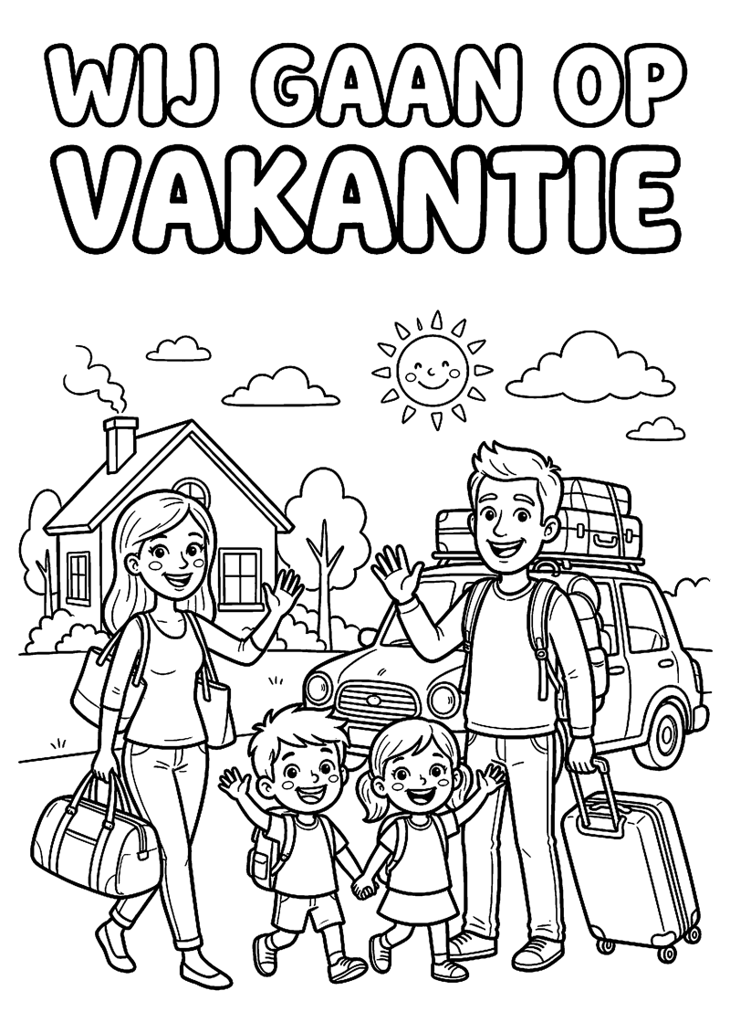 Blij Gezin Vertrekt met Koffers met Tekst Wij Gaan op Vakantie Vakantie Kleurplaat — gratis kleurplaat printen