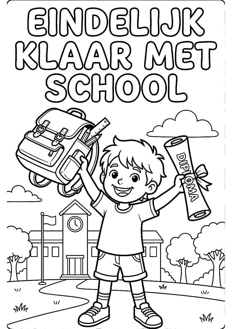 Blij Kind Houdt Schooltas Omhoog en Diploma Vast met Tekst Eindelijk Klaar met School Geslaagd Kleurplaat