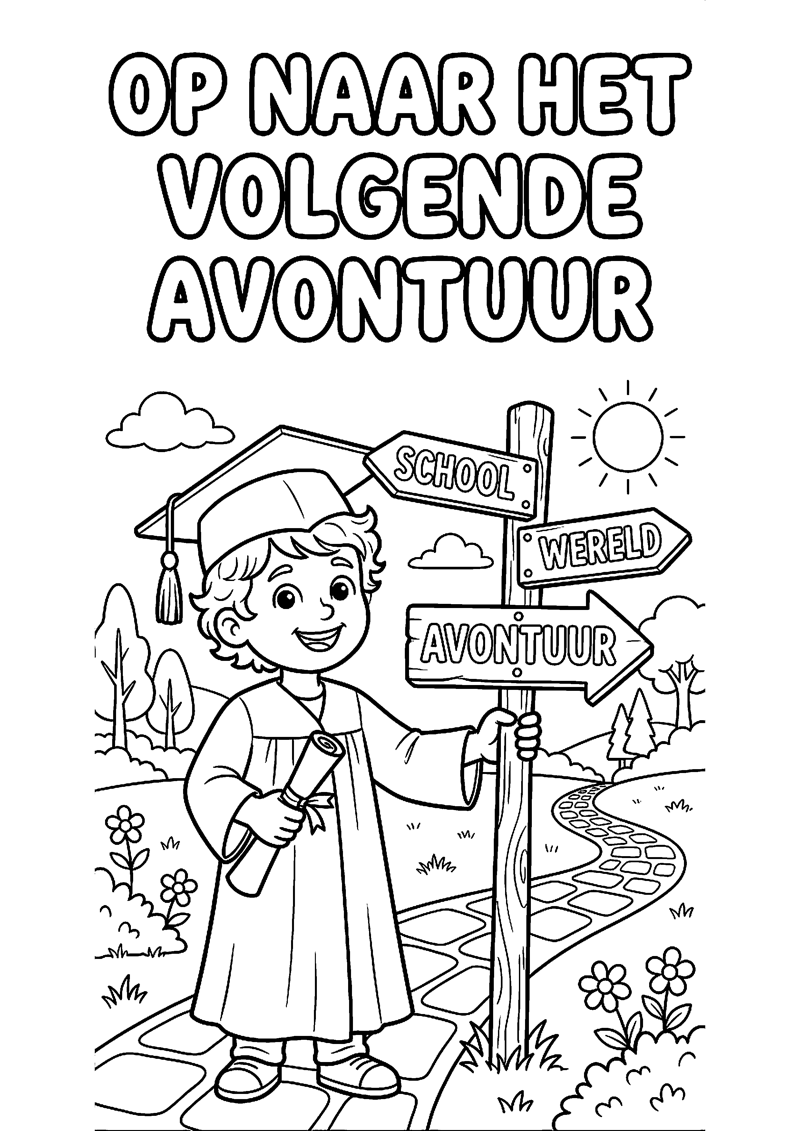 Blij Kind met Diploma en Wegwijzer met Tekst op naar het Volgende Avontuur Geslaagd Kleurplaat