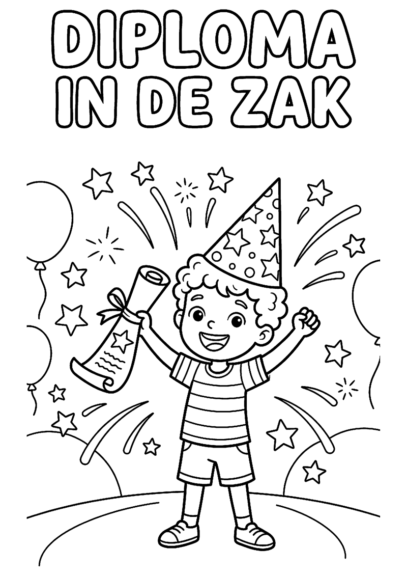 Blij Kind met Diploma Feesthoed en Sterretjes met Tekst Diploma in de Zak Geslaagd Kleurplaat