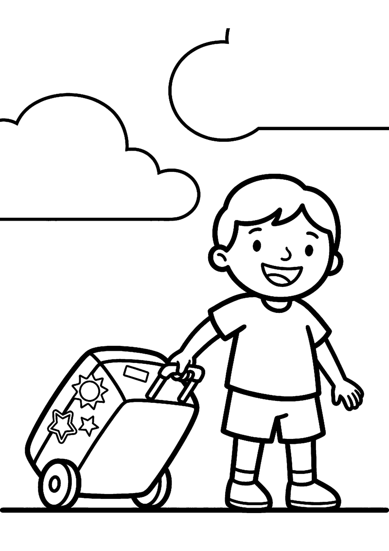 Blij Kind met Grote Vakantiekoffer Vakantie Kleurplaat — gratis kleurplaat printen