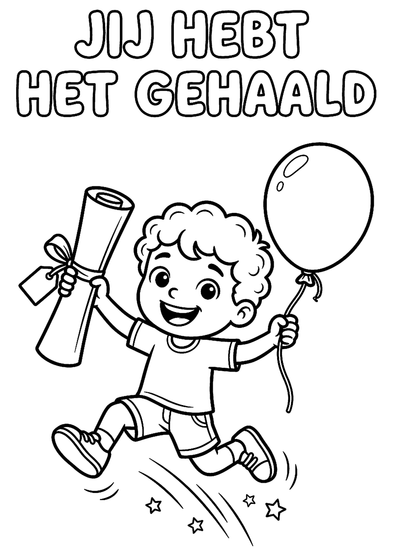 Blij Kind Springt met Diploma en Ballon met Tekst Jij Hebt het Gehaald Geslaagd Kleurplaat — gratis kleurplaat