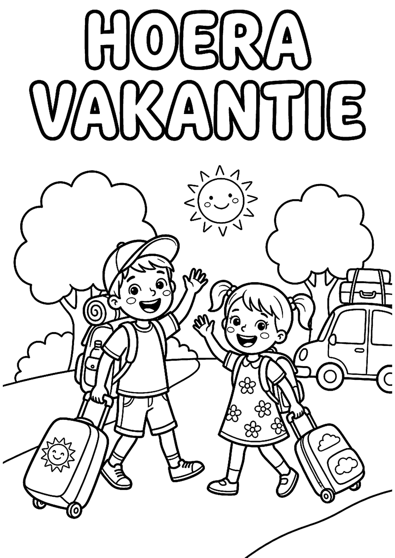Blije Kinderen met Rugzakken en Koffers Gaan op Vakantie met Tekst Hoera Vakantie Vakantie Kleurplaat — gratis kleurplaat printen
