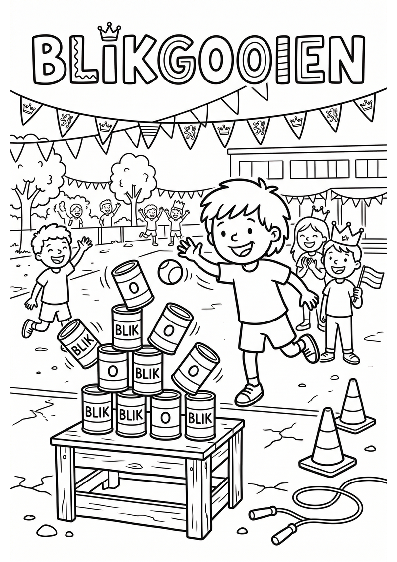 Blikgooien op het Schoolplein Koningsdag Kleurplaat