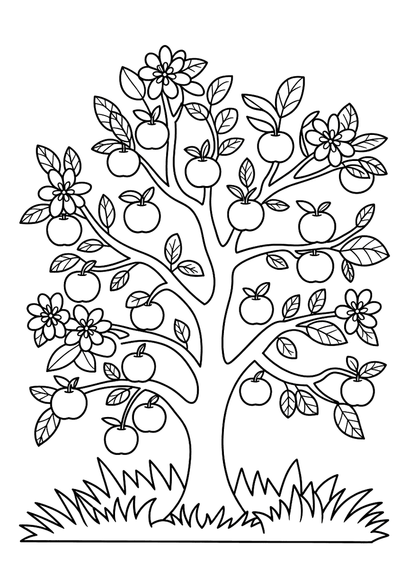 Kleurplaat van een grote appelboom vol appels en witte bloesems, groeiend in groen gras