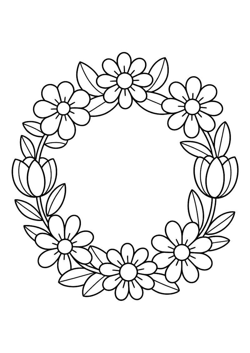 Kleurplaat van een ronde bloemenkrans opgebouwd uit tulpen, madeliefjes en bladeren, lege cirkel in het midden