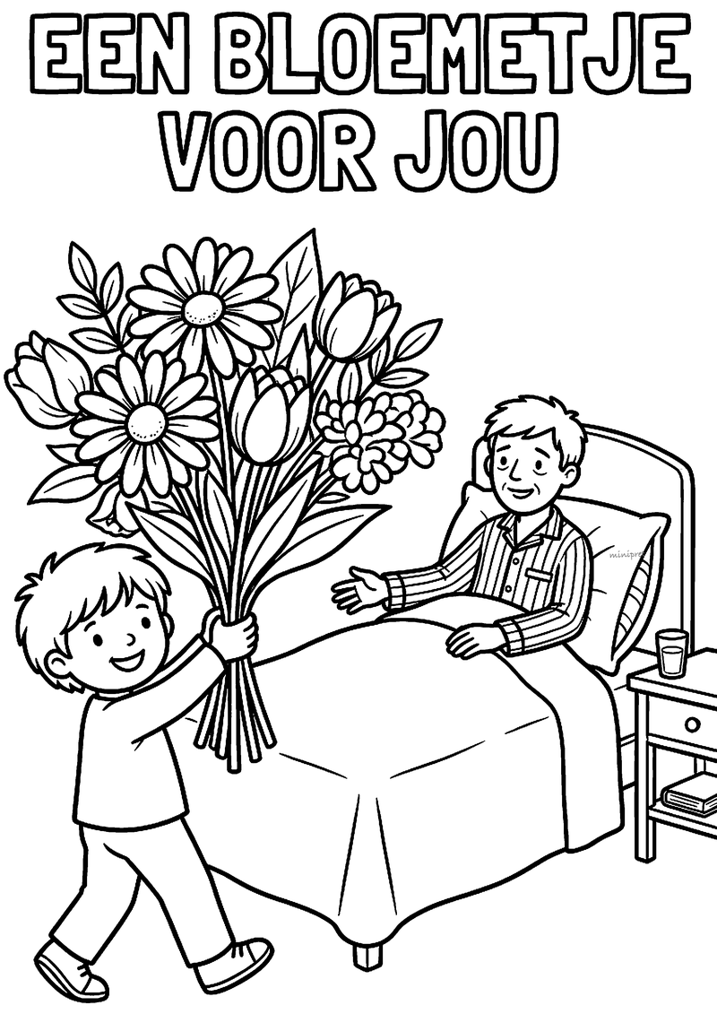 Kleurplaat van een jongen die een grote bos bloemen brengt naar een man in bed