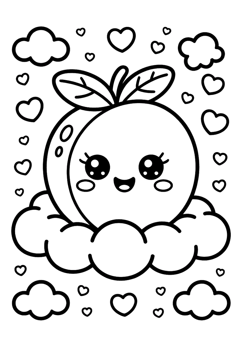 Kawaii kleurplaat van een lachende perzik met bladeren die op een wolk rust, omringd door hartjes en wolkjes op de achte