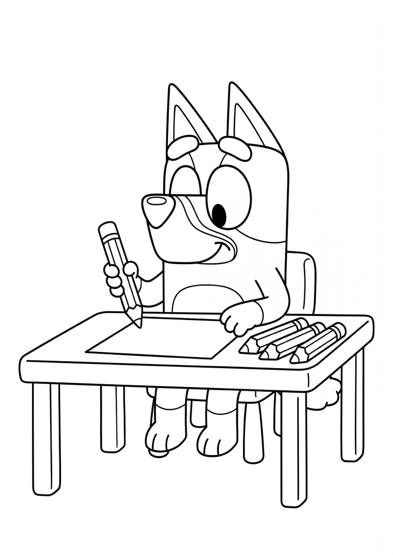 Bluey aan Tafel met Kleurpotloden Kleurplaat — gratis kleurplaat